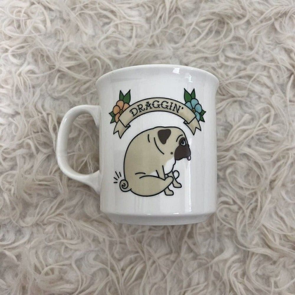 Genuine Pug FRED Draggin' Novelty Coffee Mug 16 oz White Cup Dog Design
